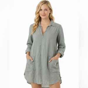 Fresh Laundry Linen Tunic Dress Pockets full or 3/4 sleeve Gray stone